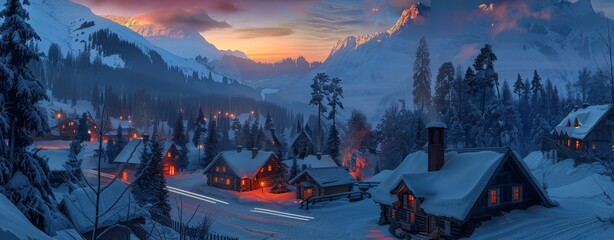 A winter panorama of the village, with snowy peaks, a vibrant sunset, and a forest silhouette against the colorful sky