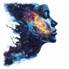 Double exposure woman and galaxy, mood theme, isolated on white background, illustration