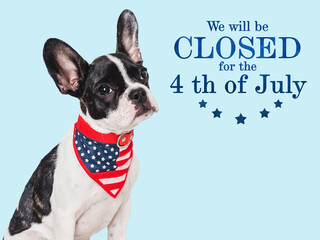 Signboard with the inscription We will be closed for the 4th of July. Cute puppy. Closeup, indoors. Studio shot. Congratulations for family, loved ones, friends and colleagues. Pets care concept