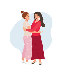 Joyful meeting of two beautiful stylish girlfriends