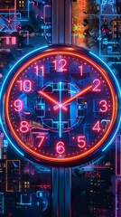 Neon clock on hi-technology wall, blue pink and red theme, phone wallpaper illustration