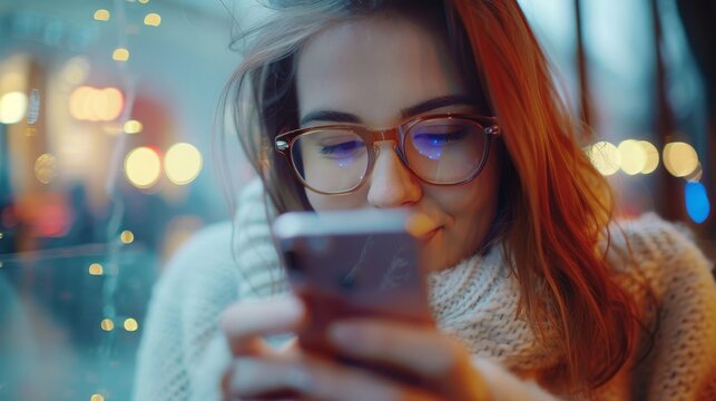 Young beautiful woman blogger making a video for her blog using phone camera in a cafe.
