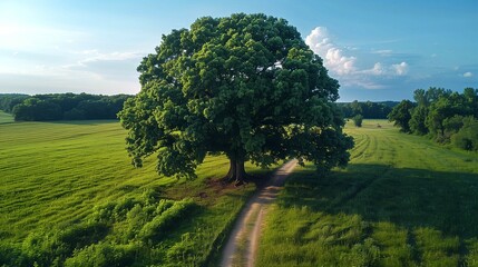 A lone old oak tree on the side of a country road amidst the fields, wallpaper background