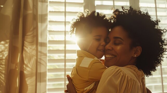 Loving hug between mid-40s mom and 5 yr old son near widow shutters