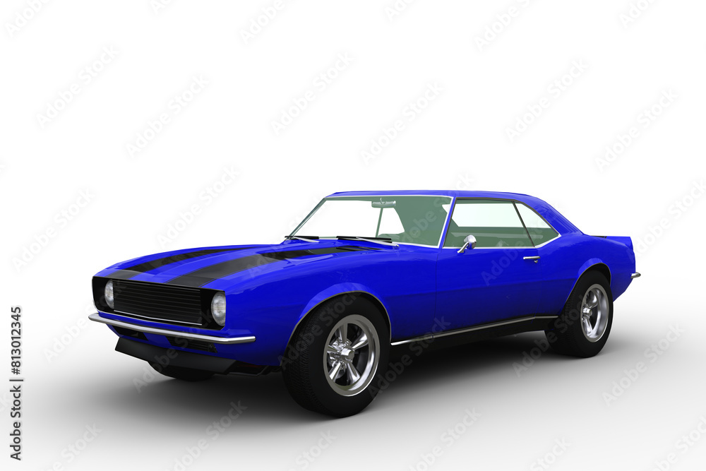 Wall mural Retro American sports muscle car with blue and black paint work. Isolated 3D render.