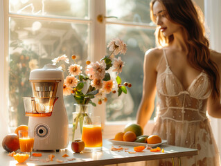 A pretty girl, freshly squeezed juice, a bouquet of flowers and fruits. Creative composition. The concept of a healthy lifestyle.