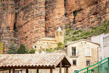a view of Las Penas de Riglos village, comarca of Hoya de Huesca, province of Huesca, Aragon, Spain