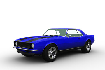 Retro American sports muscle car with blue and black paint work. Isolated 3D render.