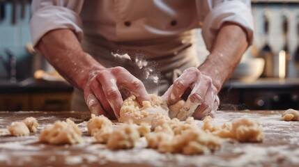 Anonymous male chef with concentration cutting dough on scales while making bread and pastry in kitchen at bakehouse