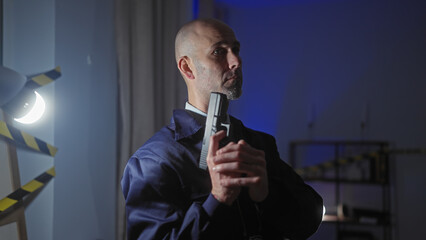 A bald man holding a gun indoors projects a suspicious ambiance, implying potential criminal...