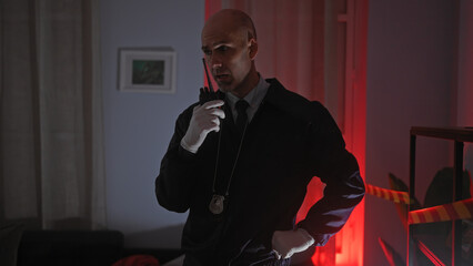 Bald detective communicates via walkie-talkie at a dimly-lit indoor crime scene