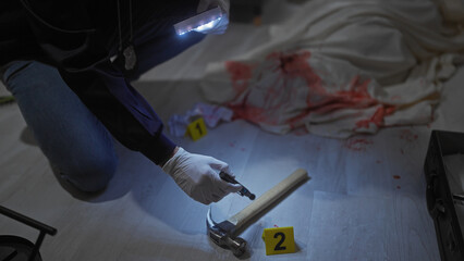 Hispanic man analyzing evidence at a bloody indoor crime scene with a hammer and numbered markers.