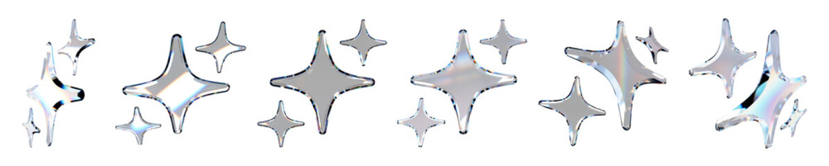 Set of 3d transparent glossy stars with dispersion effect. Rainbow colors reflection glass. 3d...