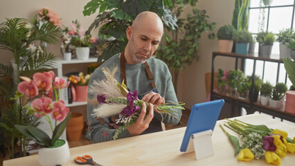 A bald man arranges flowers in a vibrant indoor florist shop, surrounded by diverse plants and...