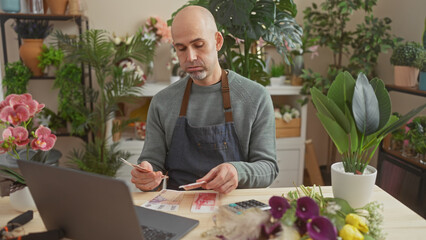 A bald man counts icelandic krona at a laptop in a lush flower shop, surrounded by vibrant blooms.