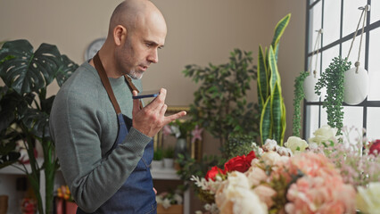 A bald man listens to a voice message indoors at a vibrant flower shop, surrounded by lush foliage...
