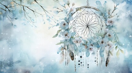 Naklejka premium winter themed Iridescent dreamcatcher, fantasy and enchanted forest, watercolor fairytale