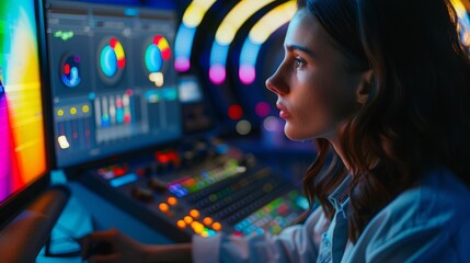Female colorist uses color grading control panel, edits video, makes film color correction on computer in studio. Movie footage and RGB wheels on monitor. Big screens and tablet with program interface