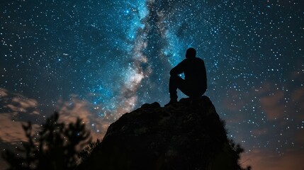 A man is sitting on a rock under a starry sky