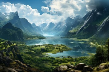 Obraz premium beautiful landscape with mountains, a lake, and a valley. The sky is blue and cloudy and the sun is shining.