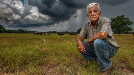 Man Squatting Amongst Grazing Cows