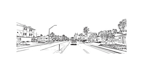 Print Building view with landmark of St. Pete Beach is a coastal city in Florida. Hand drawn sketch illustration in vector.