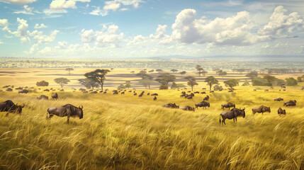 Wildebeest Herd Grazes on the Savanna