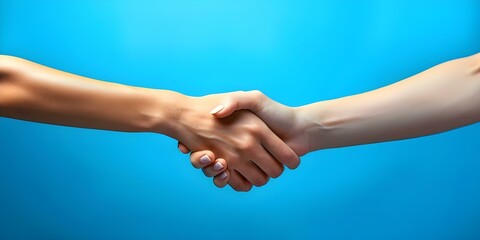 Symbol of business partnerships and agreements: Image of a handshake on a blue background. Concept Business Partnerships, Handshake, Agreement, Blue Background, Symbolism