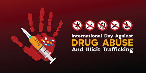 International Day Against Drug Abuse. Great for cards, banners, posters, social media and more. Red background. 