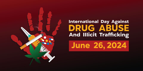 International Day Against Drug Abuse. Hand, syringe, medicine and more. Great for cards, banners, posters, social media and more. Red background. 