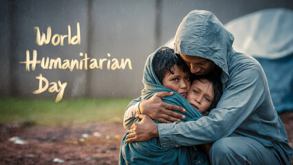 A man embracing two children under the rain, with "World Humanitarian Day" inscribed above, highlighting compassion and care. Copy space