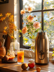 Juicer, freshly squeezed juice, bouquet of flowers and fruit. Creative composition. The concept of a healthy lifestyle.
