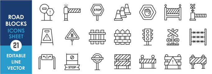 A set of linear icons related to road blocks. Road blocks, barriers, signs outline icons set.