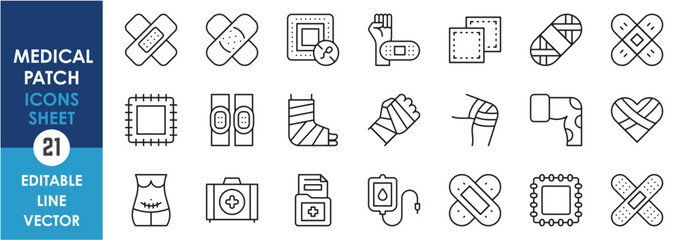 A set of linear icons related to wounds, plaster and medical patches. Healing icons outline styles set.
