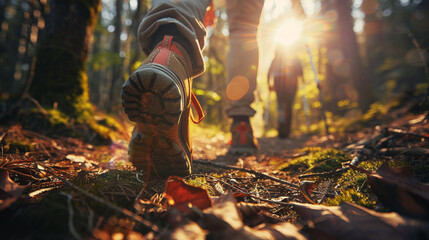Adventurers trekking through a sunlit forest  golden rays shining on their shoe soles  emphasizing their journey together