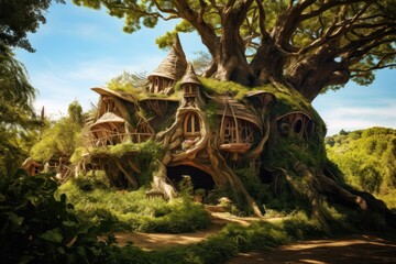 wide angle view of a wonderful elven house made on a huge living 1000-years old oak tree