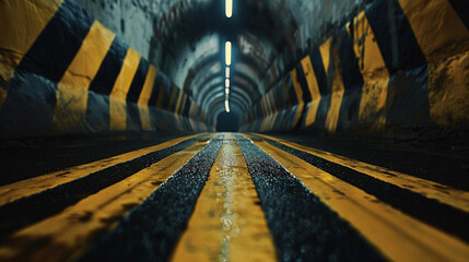 Distinct warning stripes leading into the shadowy darkness of an underground tunnel  setting an ominous tone with a hint of danger