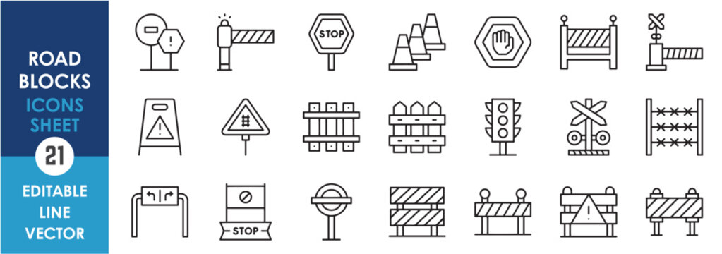 A set of linear icons related to road blocks. Road blocks, barriers, signs outline icons set.