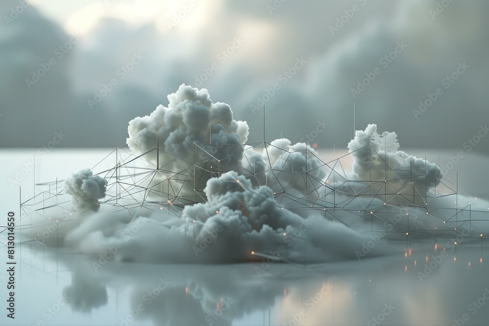 Poster abstract 3drendered landscape of clouds connected by a network grid, symbolizing digital cloud compu