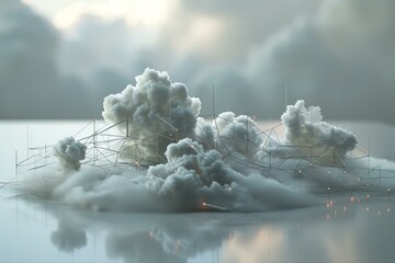 Abstract 3drendered landscape of clouds connected by a network grid, symbolizing digital cloud computing