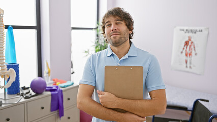 Handsome man holding clipboard in a modern rehabilitation clinic office with physiotherapy...