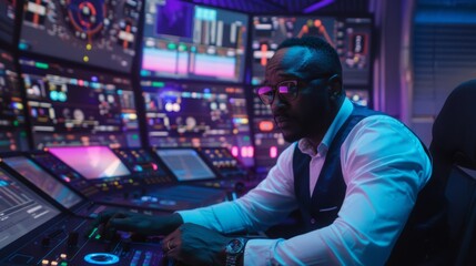 African American colorist makes color grading on control machine in modern studio. Big screens with action film footage and RGB colour correction graphic bar on the wall. Film post production process.