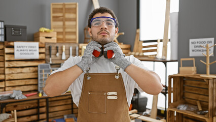 Young man with beard wearing apron and safety goggles holds ear muffs in the workshop.