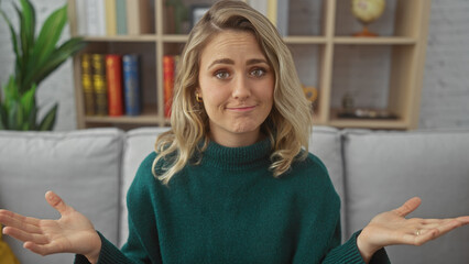 A perplexed blonde woman indoors with a neutral home background featuring a bookshelf and a...