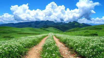 Rural landscape with fields and hills in the distance on the background of blue sky, wallpaper background