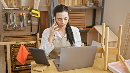 Hispanic woman multitasking in carpentry workshop with laptop and phone.