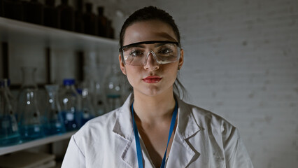 Hispanic woman in glasses stands in a laboratory, reflecting professionalism and focus.