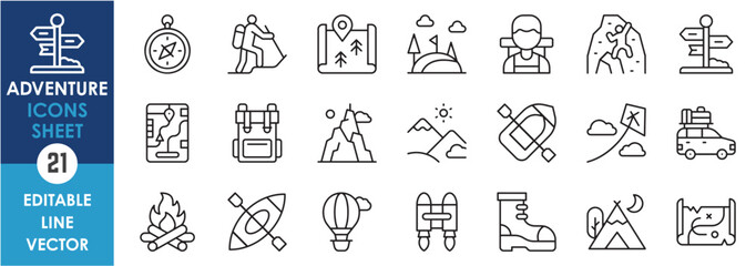 A set of linear icons related to adventure. Travel and experience related outline icons set.