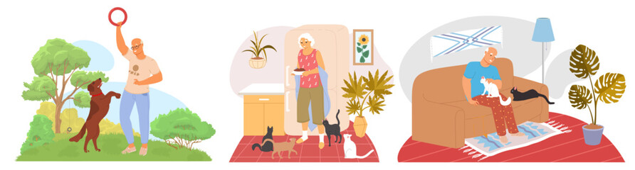 Elderly people cartoon characters with pets vector illustration. Senior man and woman feeding cats, walking dogs and petting feline fur isolated scene set