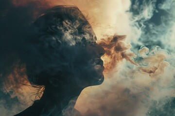 Artistic image of a woman's profile with colorful smoke swirling around her